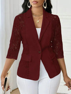 Womens Solid-Color Lace Hollowed-Out Three-Quarter-Sleeve Casual Jacket - DanaFashionstore