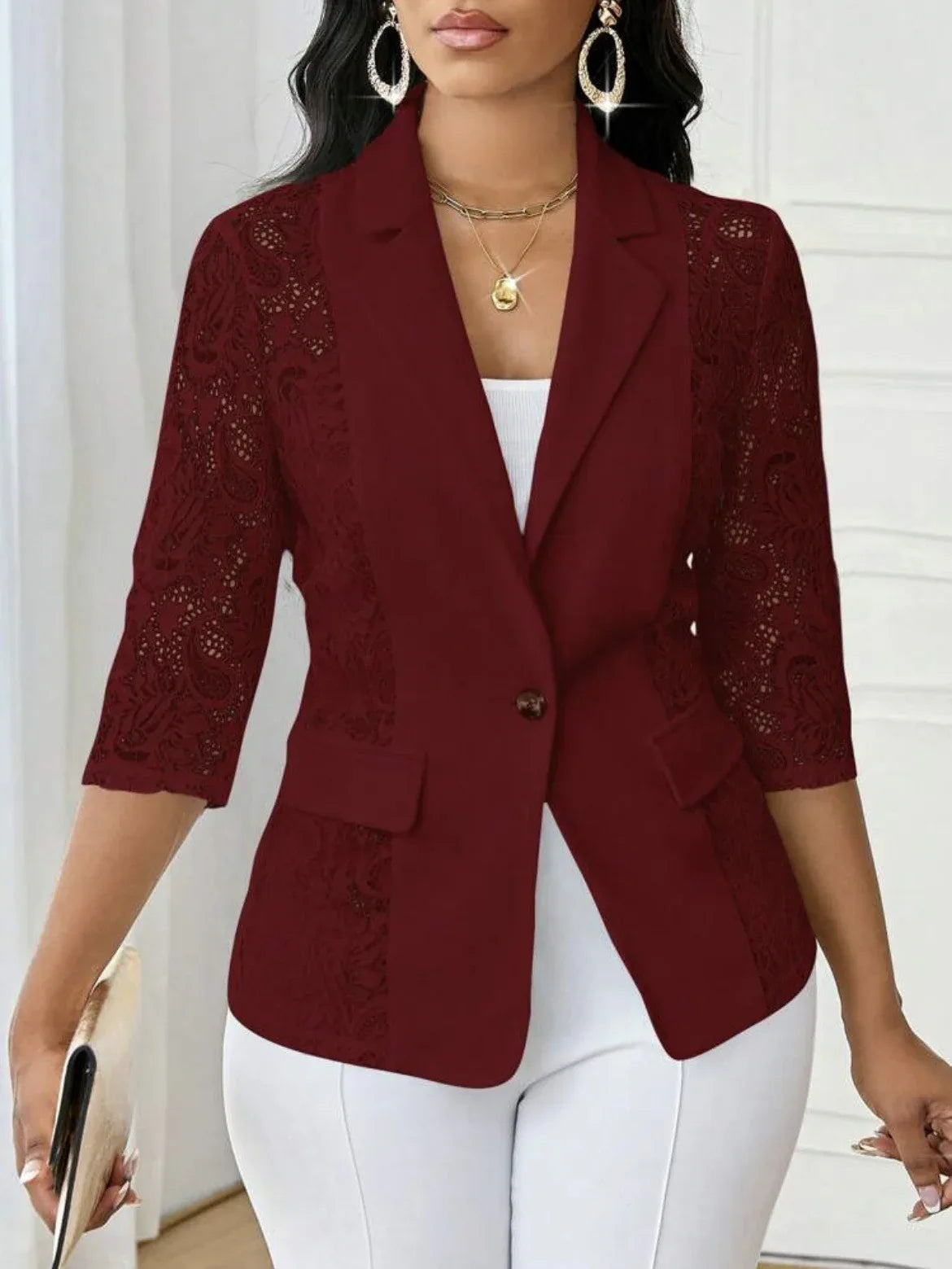Womens Solid-Color Lace Hollowed-Out Three-Quarter-Sleeve Casual Jacket - DanaFashionstore