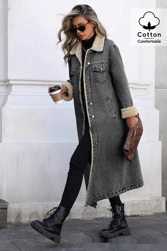 Womens Loose, Long, Fleece-lined Cotton Denim Jacket - DanaFashionstore