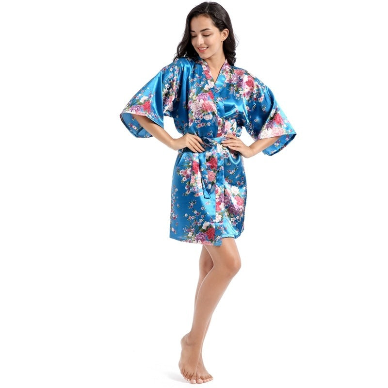 Home Short Cardigan Nightgown Plus Size Loose Silk Printing Morning Gowns - Dana Fashion
