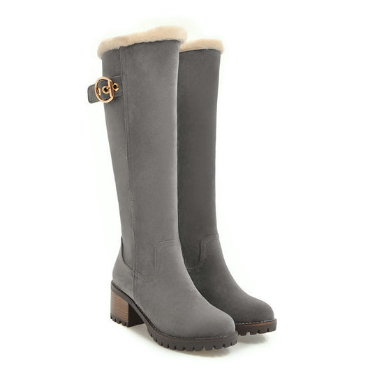 Buckle Embellished Mid-heel Winter Warm Long Boots