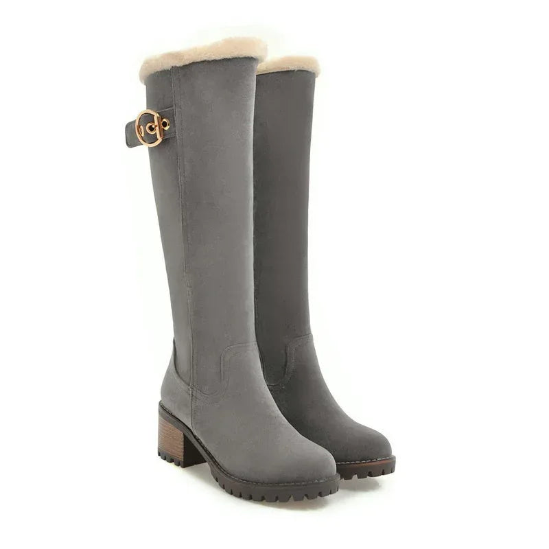 Buckle Embellished Mid-heel Winter Warm Long Boots - DanaFashionstore