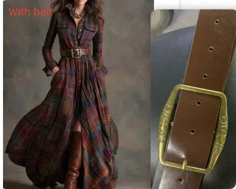 Ins Plaid Print Long-Sleeved Dress Fashion Pockets Collared Buttons Shirt Long Dresses Retro Women's Clothing - DanaFashionstore