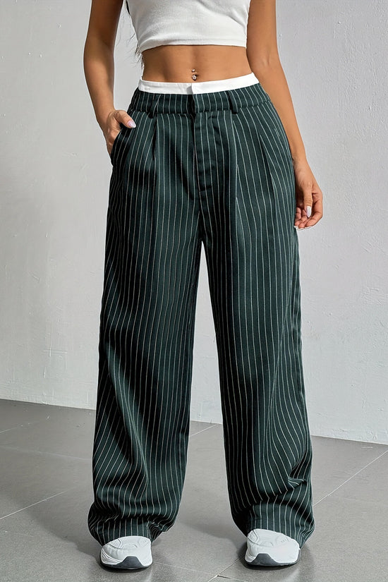 Stripe Printed Trousers Fashion High Waist Straight Leg Pants With Pocket Zipper Casual Suit Pants For Women