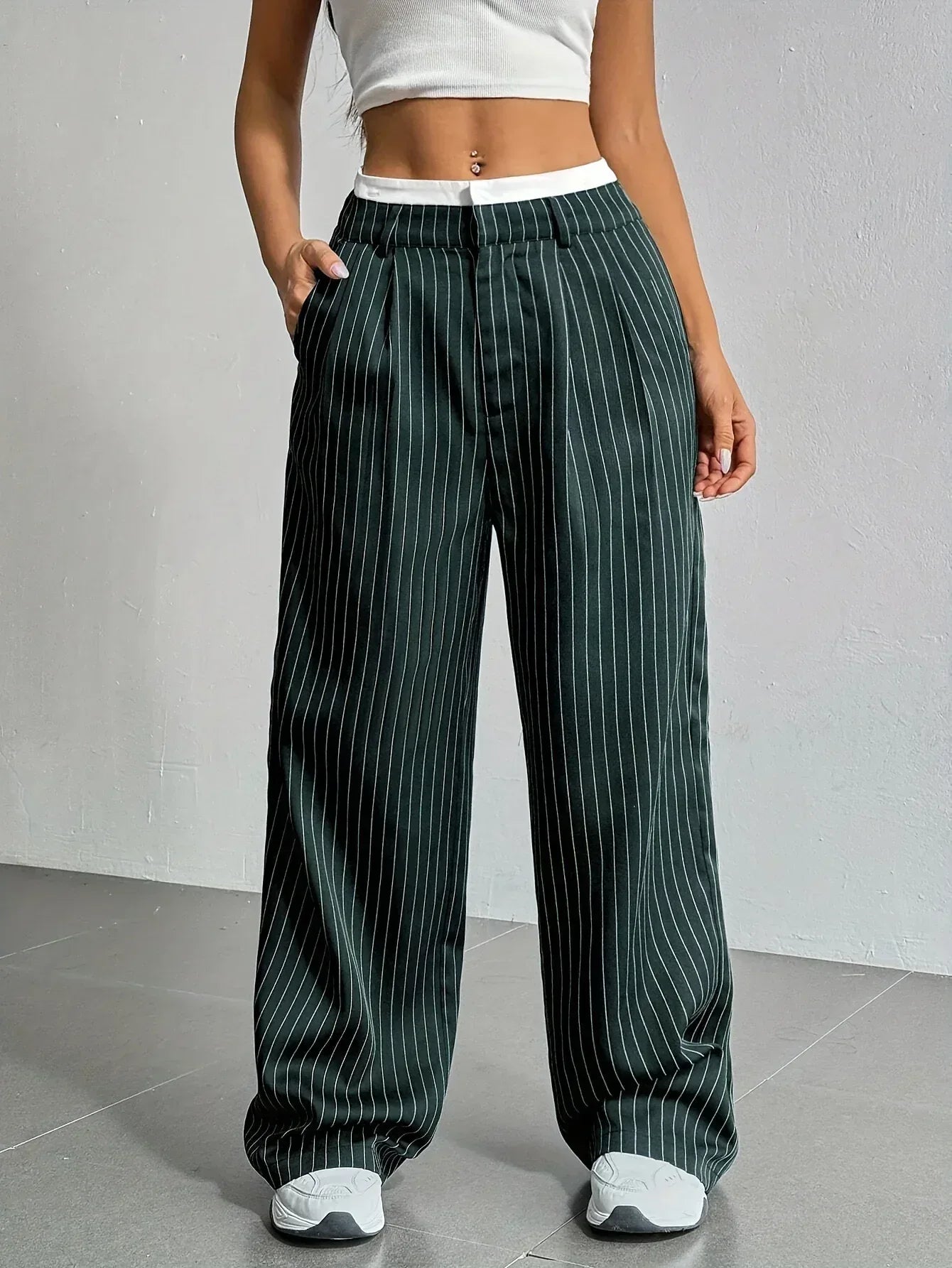 Stripe Printed Trousers Fashion High Waist Straight Leg Pants With Pocket Zipper Casual Suit Pants For Women - DanaFashionstore