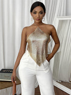 New Solid Color Metal Sexy Hot Girl Halter Sequin Sling Top For Women - DanaFashionstore