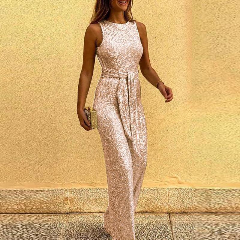 Sleeveless Sequined Silver Jumpsuit 2026 - Glamorous Party Jumpsuit - DanaFashionstore