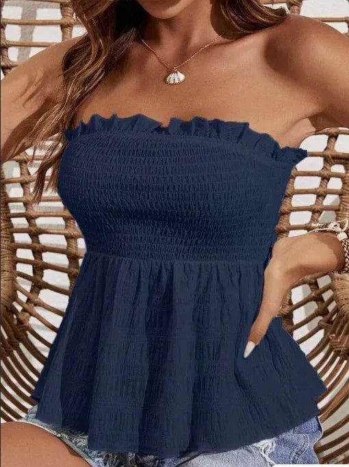 Women Summer Simple Holiday Leisure Wood Ear Edge Decoration Strapless White Outfit Top - DanaFashionstore