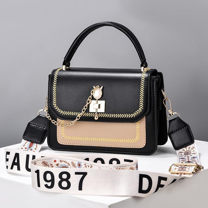 Wide Shoulder Strap Embroidery Thread Contrast Color Large Capacity Shoulder Bag - Dana Fashion