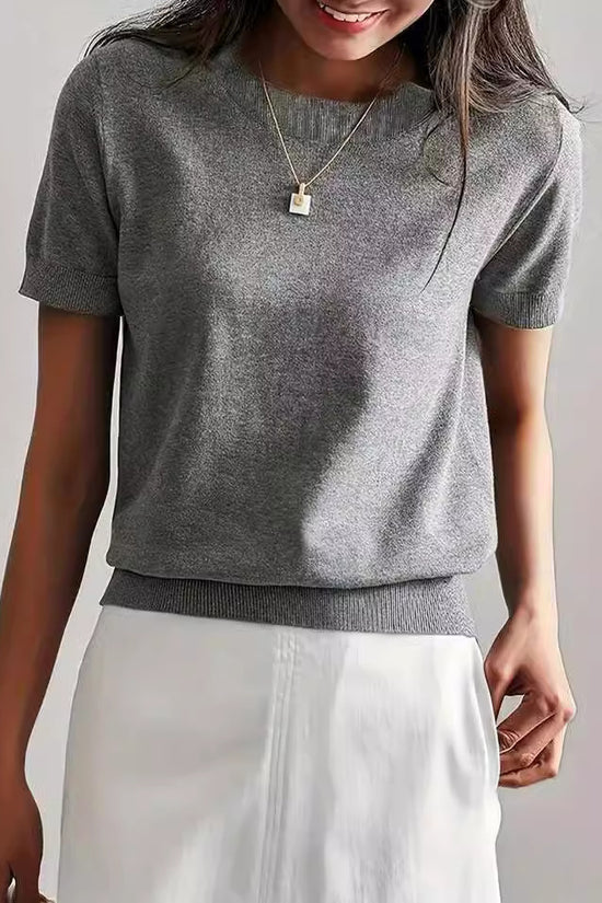 Simple Niche Round Neck Solid Color French Short Sleeve Sweater Sweater