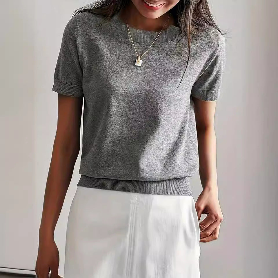 Simple Niche Round Neck Solid Color French Short Sleeve Sweater Sweater