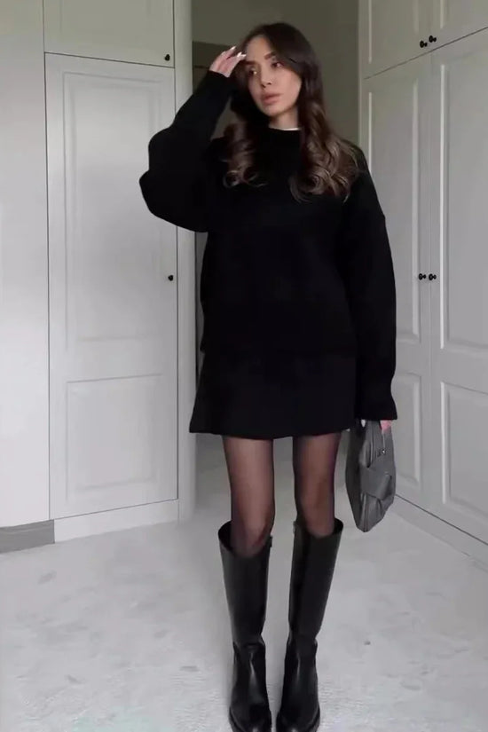 Sweater Skirt Sets For Women 2 Pieces Knit Casual Versatile Long Sleeve Pullover Elegant Solid High Waist Mini Skirt Outfit - DanaFashionstore