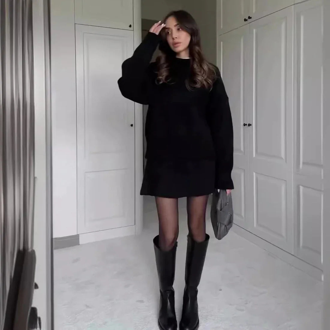 Sweater Skirt Sets For Women 2 Pieces Knit Casual Versatile Long Sleeve Pullover Elegant Solid High Waist Mini Skirt Outfit - DanaFashionstore