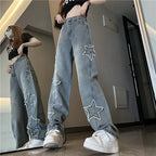 Blue XINGX Embroidered Jeans Women Loose Straight-leg Wide-leg Pants - DanaFashionstore