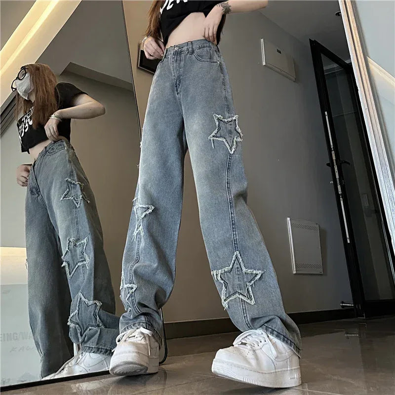 Blue XINGX Embroidered Jeans Women Loose Straight-leg Wide-leg Pants - DanaFashionstore