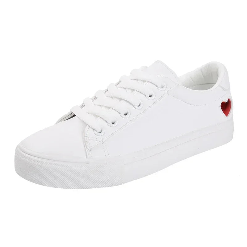 Fashion New Woman PU Leather Shoes Ladies Breathable Cute Heart Flats Casual Shoes White Sneakers - DanaFashionstore