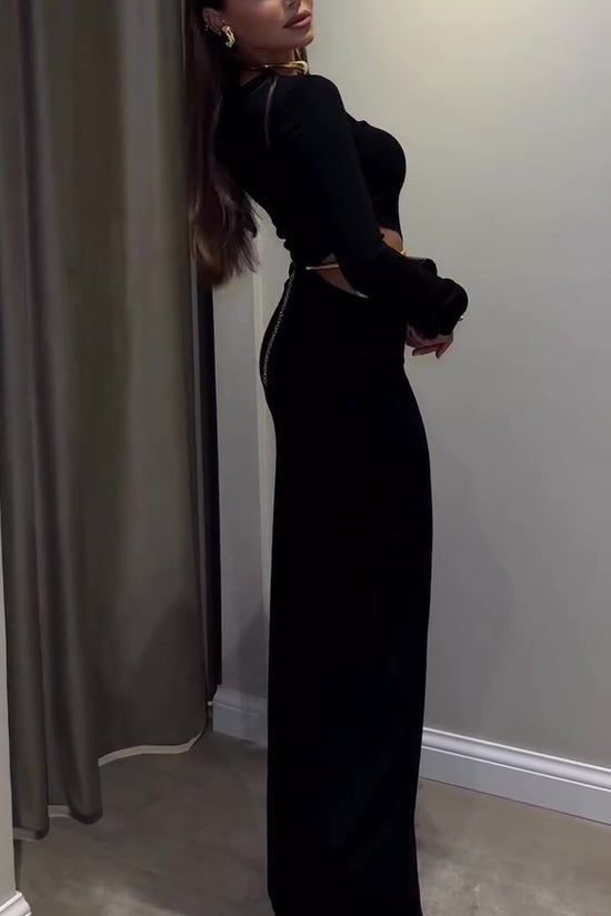 Black Cutout Waist Long-Sleeve Maxi Dress