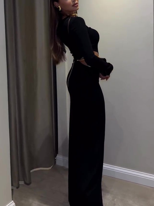 Black Cutout Waist Long-Sleeve Maxi Dress