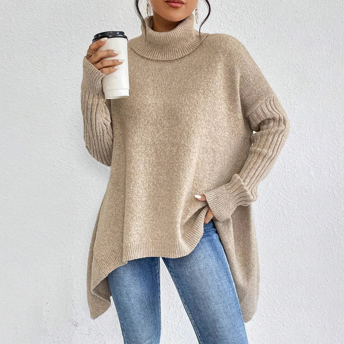 Irregular Turtleneck Sweater Winter Loose Long Sleeve Knitted Tops Leisure Warm Pullover Sweater Women's Clothing - DanaFashionstore