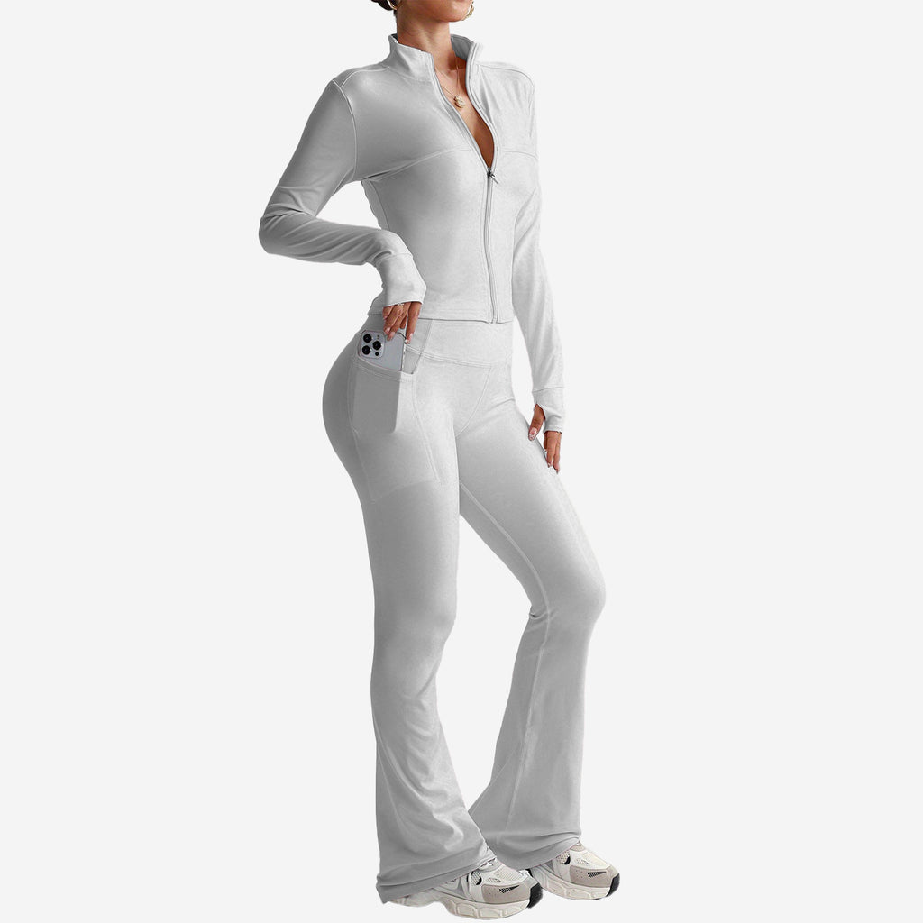 Stand Collar Long-sleeve Zipper Jacket High Waist Pocket Wide Leg Pants Suit