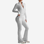 Stand Collar Long-sleeve Zipper Jacket High Waist Pocket Wide Leg Pants Suit