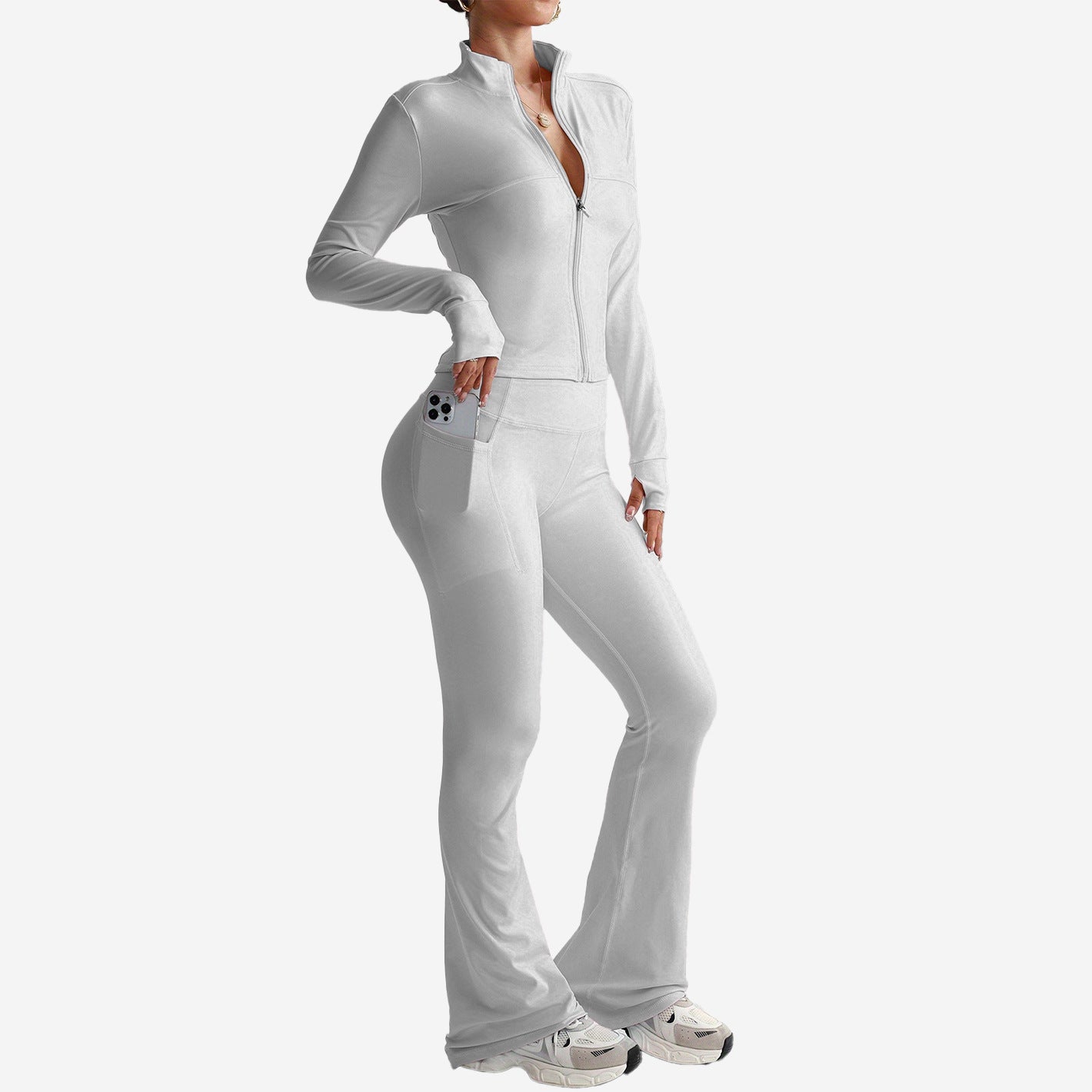Stand Collar Long-sleeve Zipper Jacket High Waist Pocket Wide Leg Pants Suit