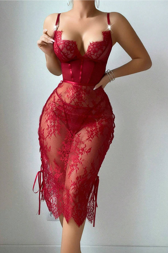 Lace Hollow Red Sexy Topless Sheath Sexy Lingerie Dress