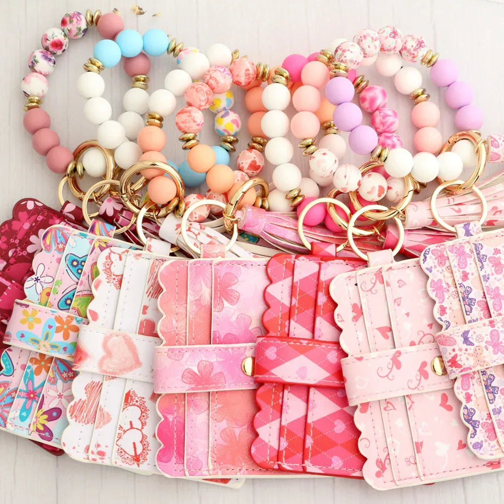 Love Polyurethane Card Holder Silica Gel Key Chain European And American Printed Silicone Beads Bracelet Women's Wallet - DanaFashionstore