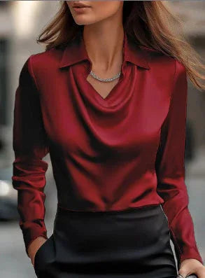 Women's Swing Collar Draped Shirts & Blouses Elegant Solid Satin Office Ladies Top Pullover Spring Long Sleeve Casual Tops - DanaFashionstore
