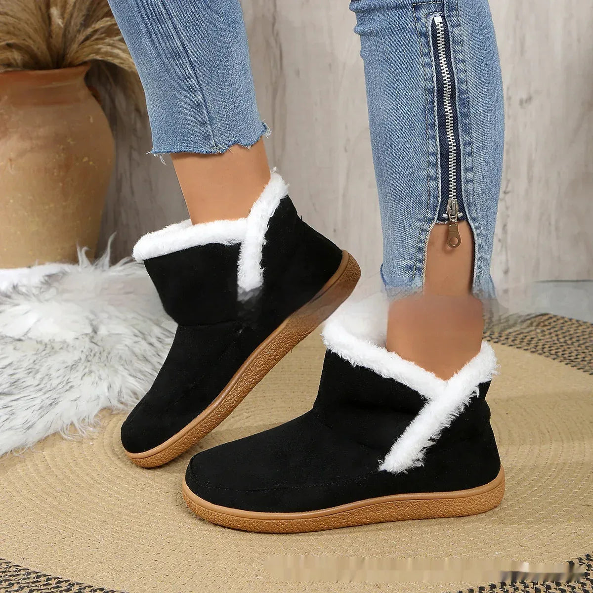 Insulated Cotton-padded Shoes Large Size Flat Bottom Solid Color Fleece Lined Padded Warm Keeping - DanaFashionstore