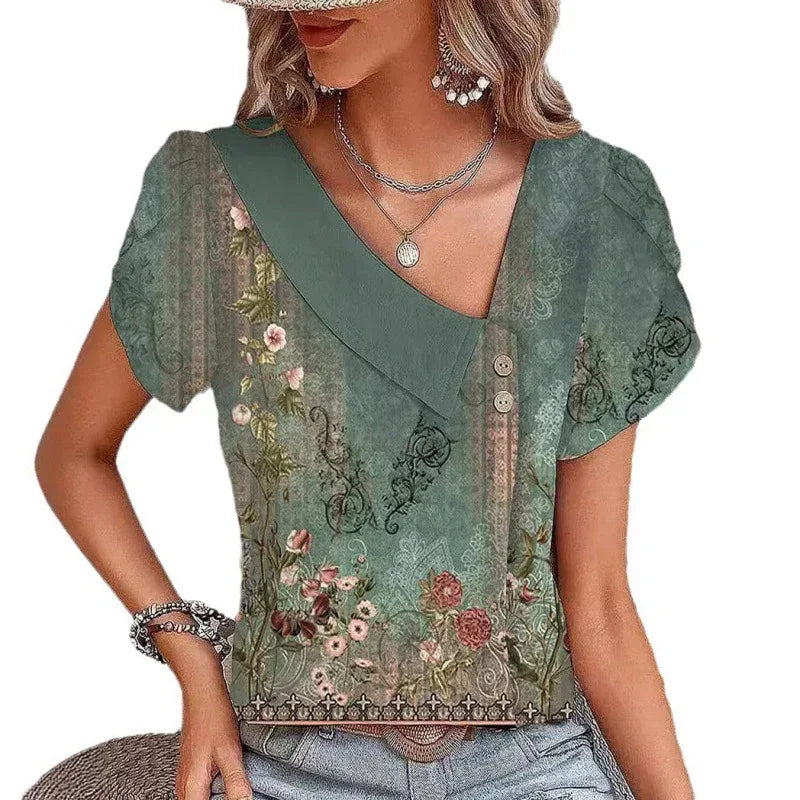 Casual Diagonal Collar Short-sleeved T-shirt - DanaFashionstore