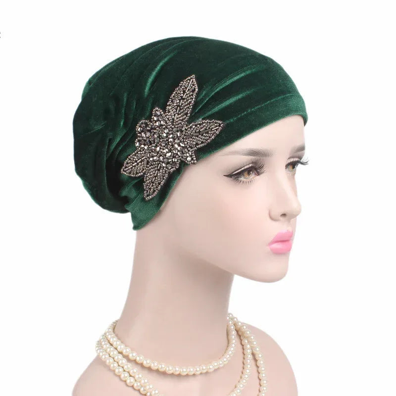 Beaded Flower Accessories Turban Hat Velvet Pleated Hood - DanaFashionstore