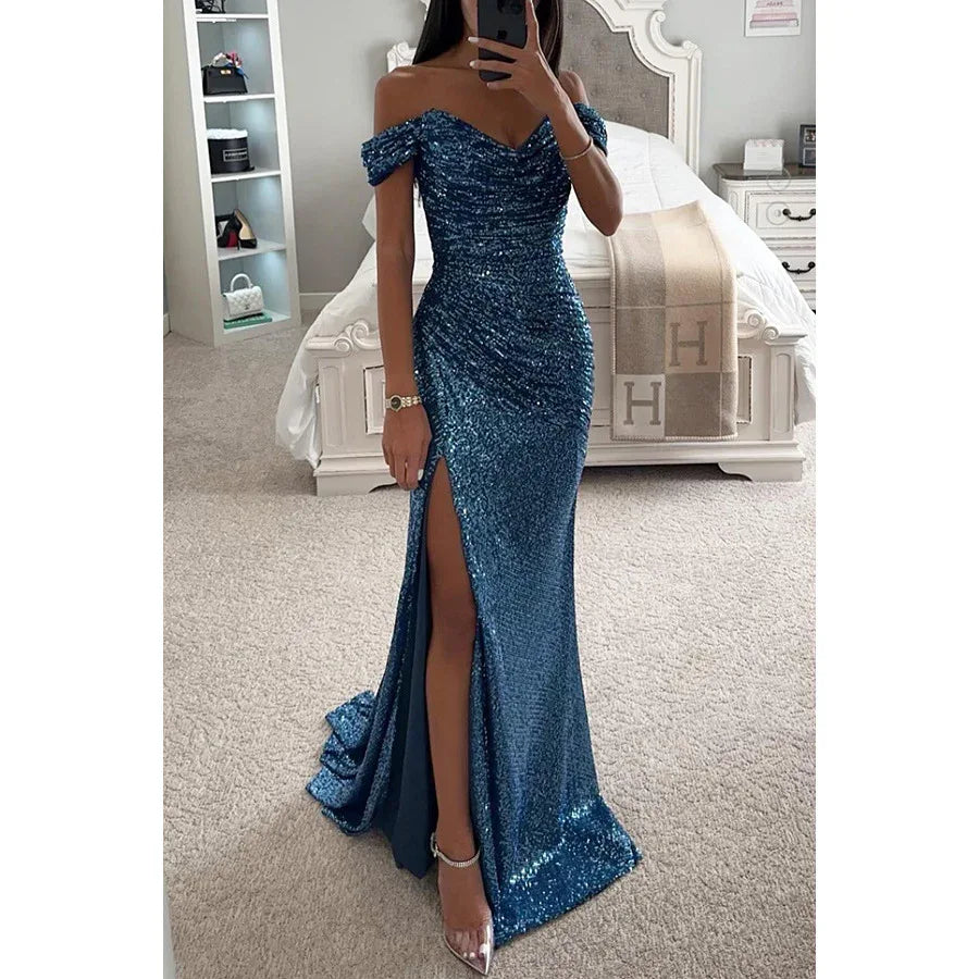 Party Sequins Off-neck Split Dress INS Casual Fashion Dress Women Charming Slimming Dress For Women - DanaFashionstore