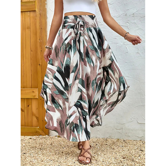 Women's High Elastic Waist Midi Skirt Casual Summer Trendy Tie Front Flowy Floral Print Beach Long Skirt - Dana Fashion