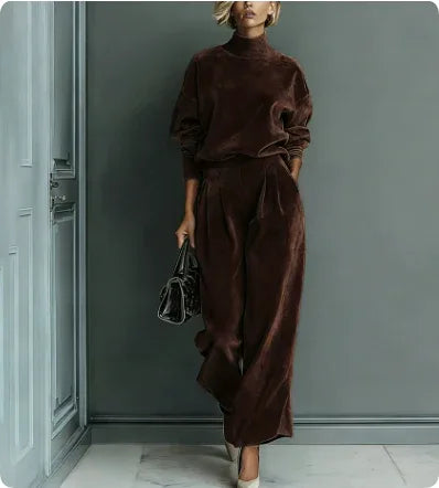 Casual Warm Velour Long-sleeved Solid Color High-neck Zipper Wide-leg Sportswear - DanaFashionstore