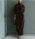 Casual Warm Velour Long-sleeved Solid Color High-neck Zipper Wide-leg Sportswear - DanaFashionstore