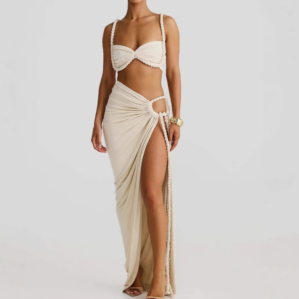 Sexy Fashion Beach Swimsuit Woven Halter Top Top Split Skirt Suit - DanaFashionstore