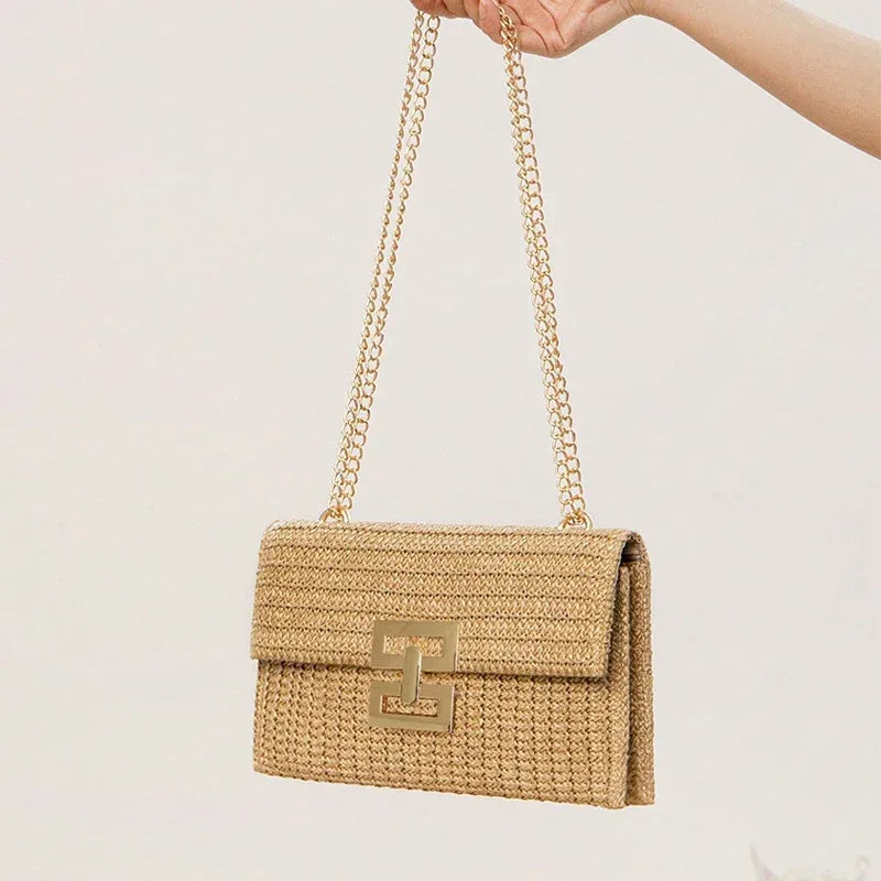 Bag Women's Vacation Style Multi-compartment Chain Flap Screw Lock Straw Bag - DanaFashionstore