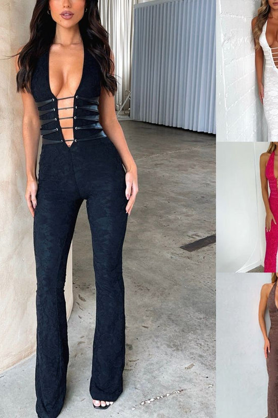 Lash Rope Lace Up Slim Fit Jumpsuit See-through Lace