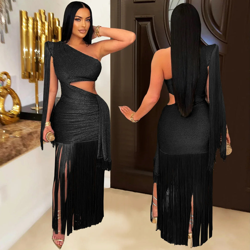 Fashionable Womens Sexy Casual One-Shoulder Tassel Dress - DanaFashionstore