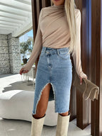Split Fashion Casual Solid Denim Buttocks Skirt - DanaFashionstore
