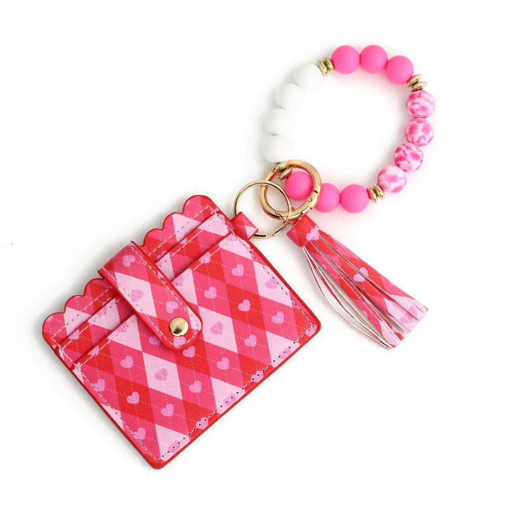 Love Polyurethane Card Holder Silica Gel Key Chain European And American Printed Silicone Beads Bracelet Women's Wallet - DanaFashionstore