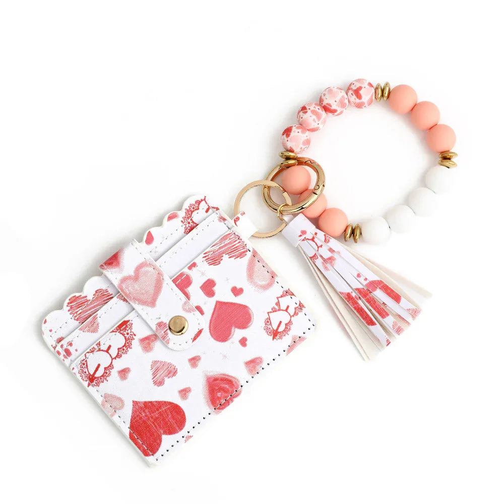 Love Polyurethane Card Holder Silica Gel Key Chain European And American Printed Silicone Beads Bracelet Women's Wallet - DanaFashionstore