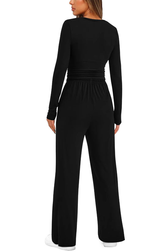 2 Pieces Women's Suit Autumn Winte Long Sleeve Tops High Waisted Wide Leg Pants Sportswear Female Clothes Solid Color Casual Suit