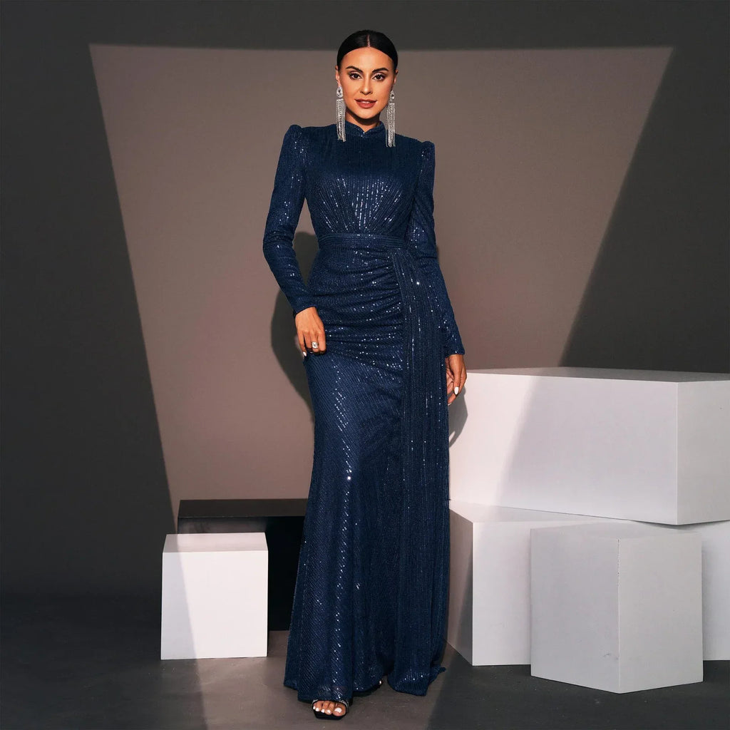 Long Sleeve Round Neck Sexy Slim Long Sequined Banquet Dress - DanaFashionstore