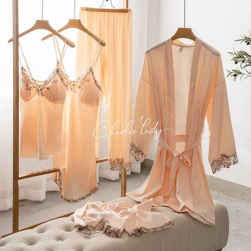 Ice Silk Sexy Slip Nightdress Silk Satin Nightgown With Chest Pad Five-piece Suit Homewear - Dana Fashion