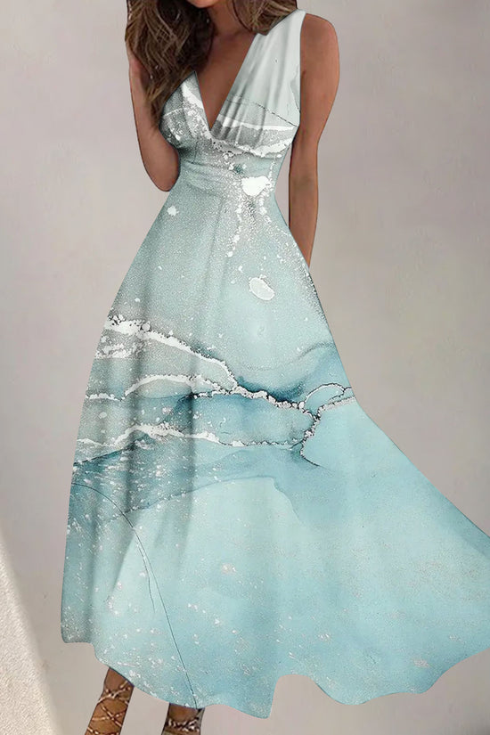 Women's Digital Printing Fashion V-neck Swing Long Dress