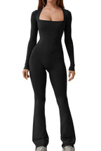 Women Long Sleeve Belly Waist Shaping And Hip Lift Square Collar Wide Leg High Elastic Jumpsuit - DanaFashionstore