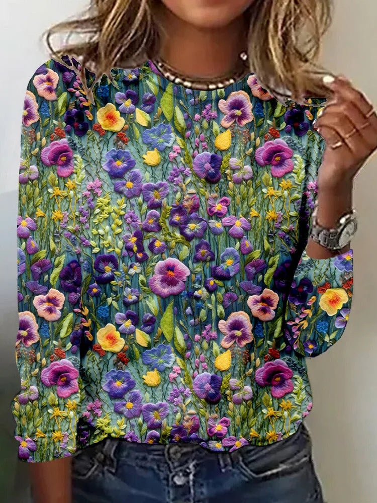 Retro Casual 3D Digital-Print Fashion Womens Crew-Neck T-Shirt Top