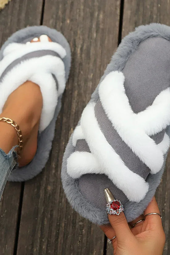 Fluffy Slippers Cross Strap Stitching Warm Casual Platform Slippers - DanaFashionstore